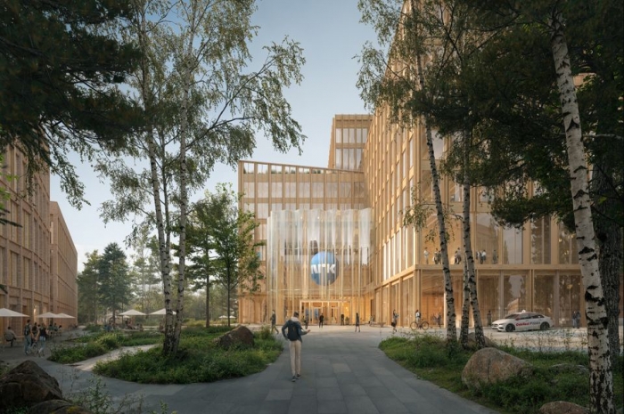 NRK har sendt inn planforslag til nytt hovedkontor på Ensjø til Plan- og bygningsetaten. Illustrasjonen viser hvordan det nye hovedkontoret kan bli seende ut. Ill.: RODEO / NORDIC / VISULENT AB 